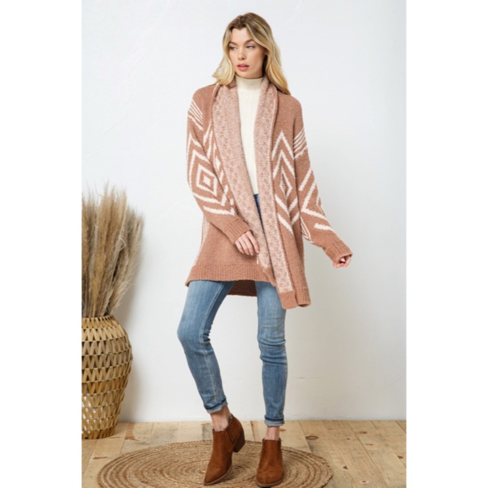 SOLD OUT Cozy Brown Soft Blanket Aztec Boho Tribal Knit Open Cardigan Sweater - Picture 6 of 8